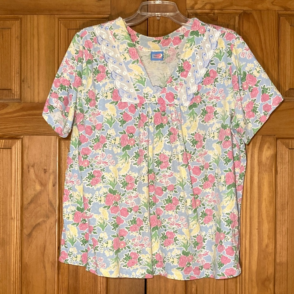 GUC Haband Moonbeams Vintage 90s Lace Trim Pajama Top Pink White Size L Large